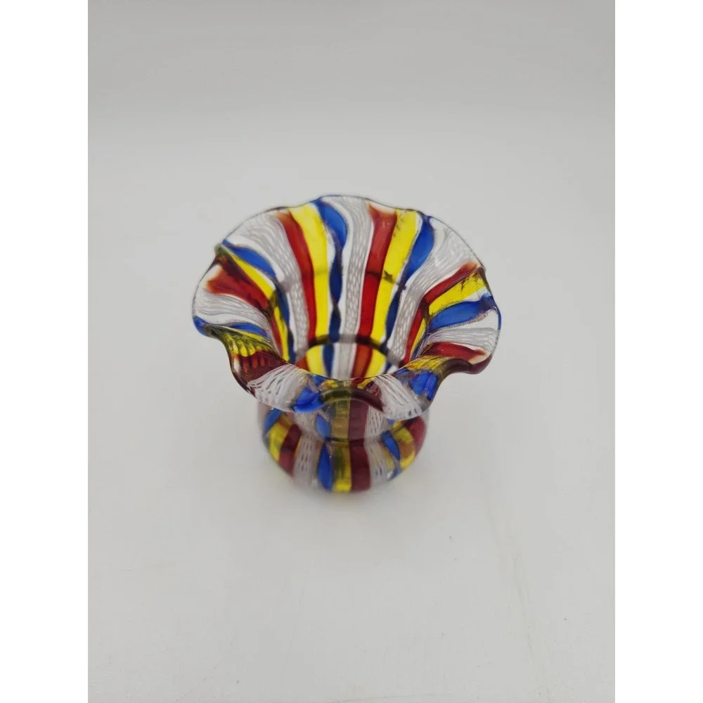 VTG MURANO Latticino Design In Tutti Fruity Colors Toothpick Holder Small Vase
